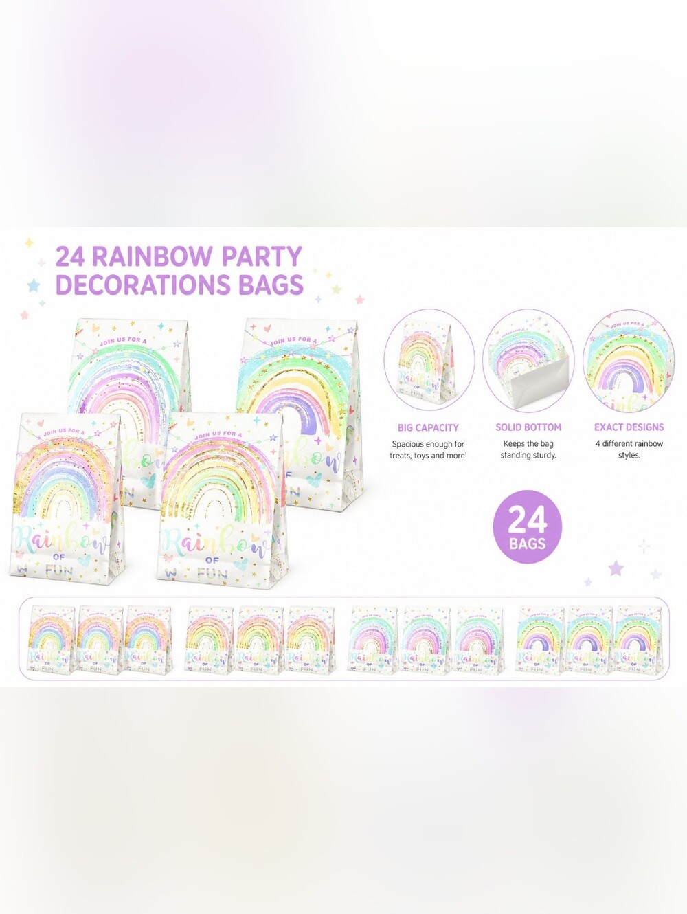 🍎Nwt 24pc Rainbow Party Favor Bags Pastel Birthday Treat Goodie Join Us For Fun